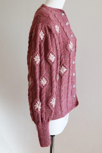 Austrian Hand Knit Cardigan Embroidered Flowers Dull Pink