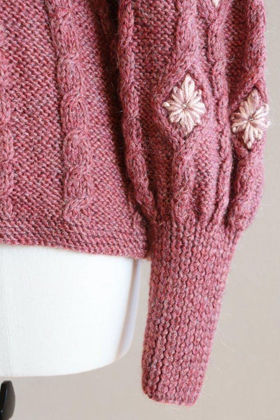 Austrian Hand Knit Cardigan Embroidered Flowers Dull Pink