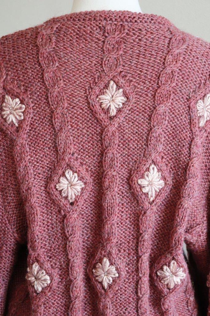 Austrian Hand Knit Cardigan Embroidered Flowers Dull Pink