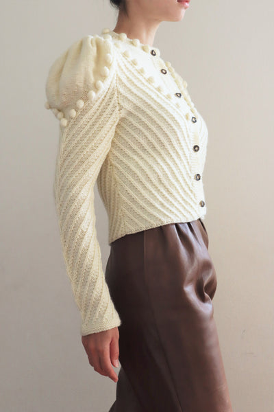 80s Puff Sleeve Pom Pom Hand Knitted Austrian Cardigan
