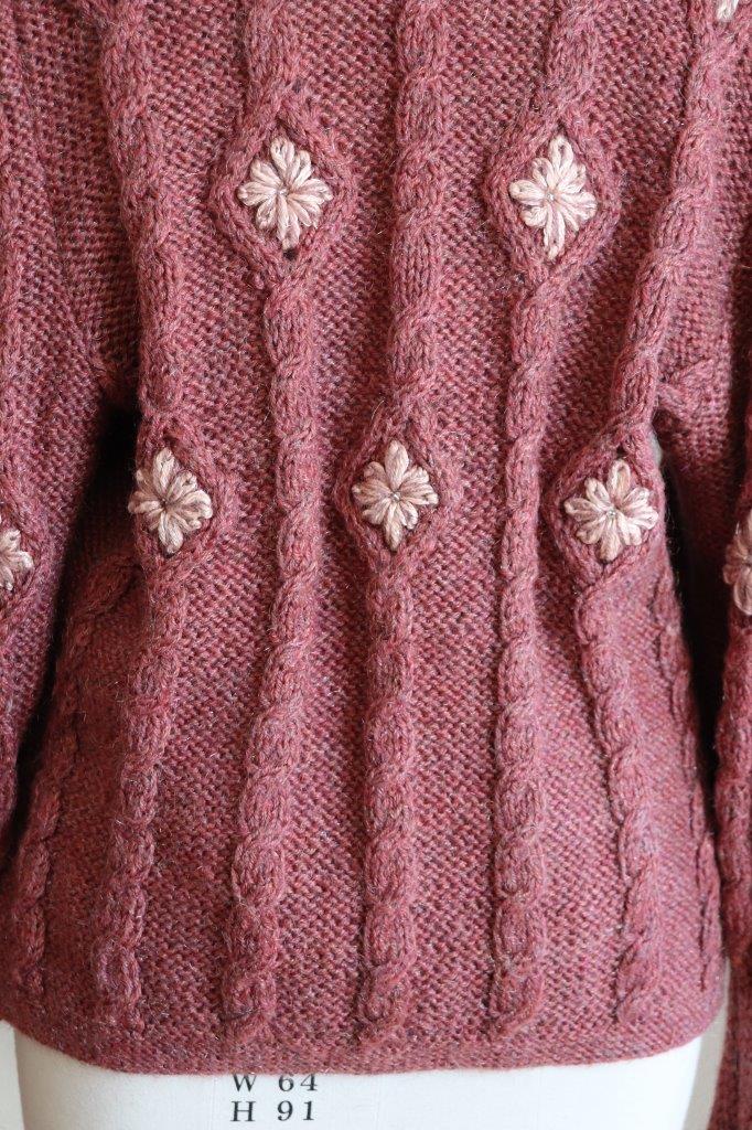 Austrian Hand Knit Cardigan Embroidered Flowers Dull Pink