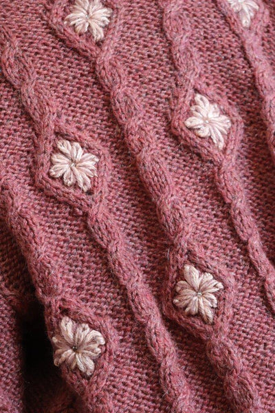 Austrian Hand Knit Cardigan Embroidered Flowers Dull Pink