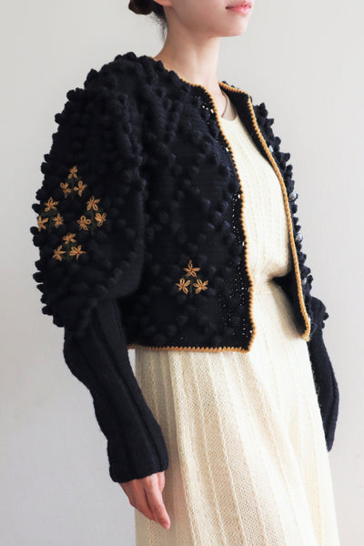 80s Voluminous Black Pom Pom Hand Knitted Austrian Cardigan