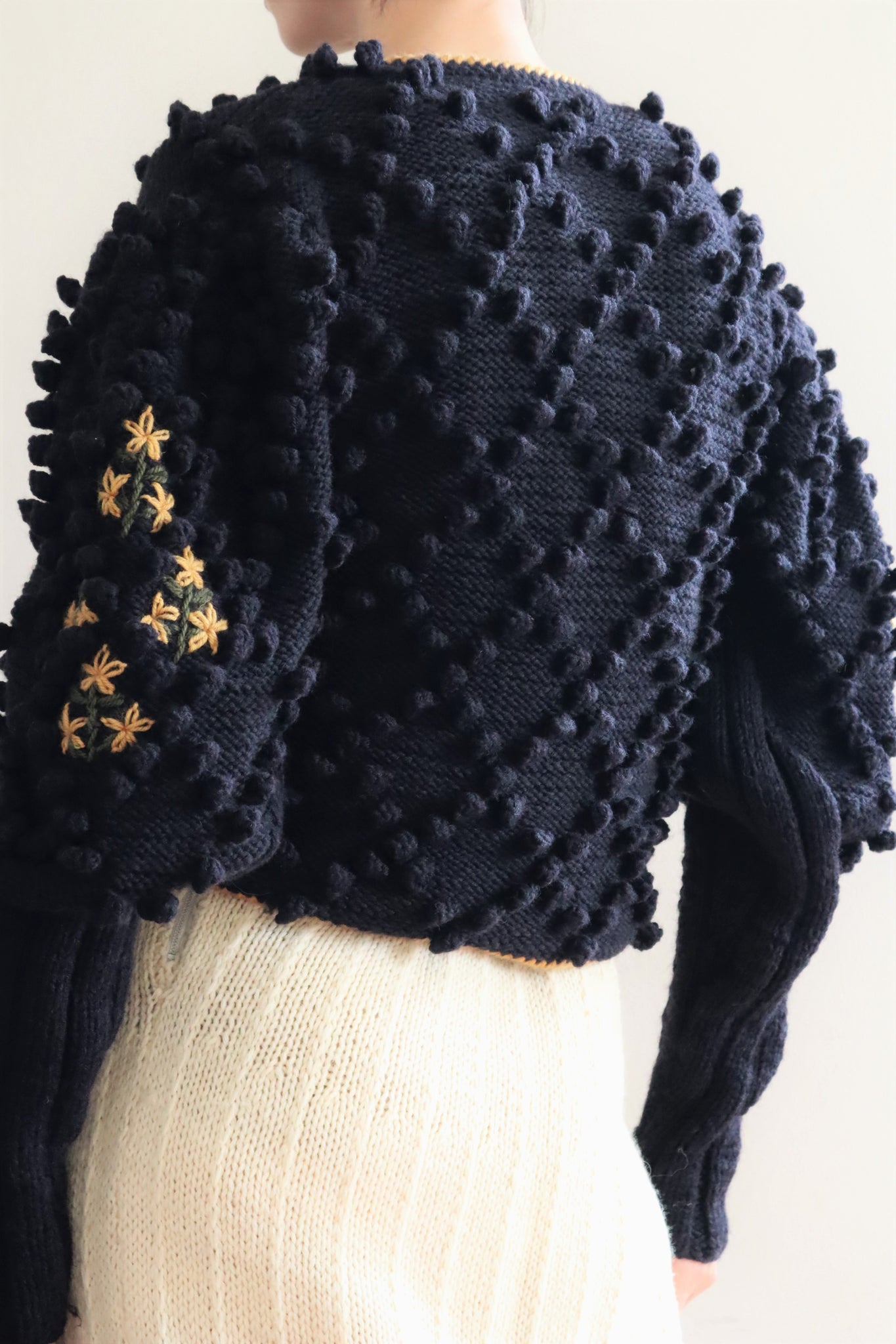 80s Voluminous Black Pom Pom Hand Knitted Austrian Cardigan