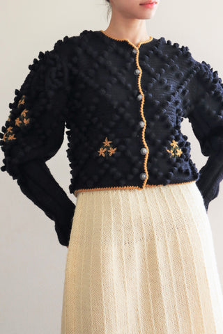 80s Voluminous Black Pom Pom Hand Knitted Austrian Cardigan