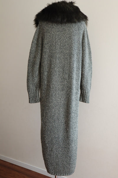 80s Fake Fur Collar Long Wool Knit Coat
