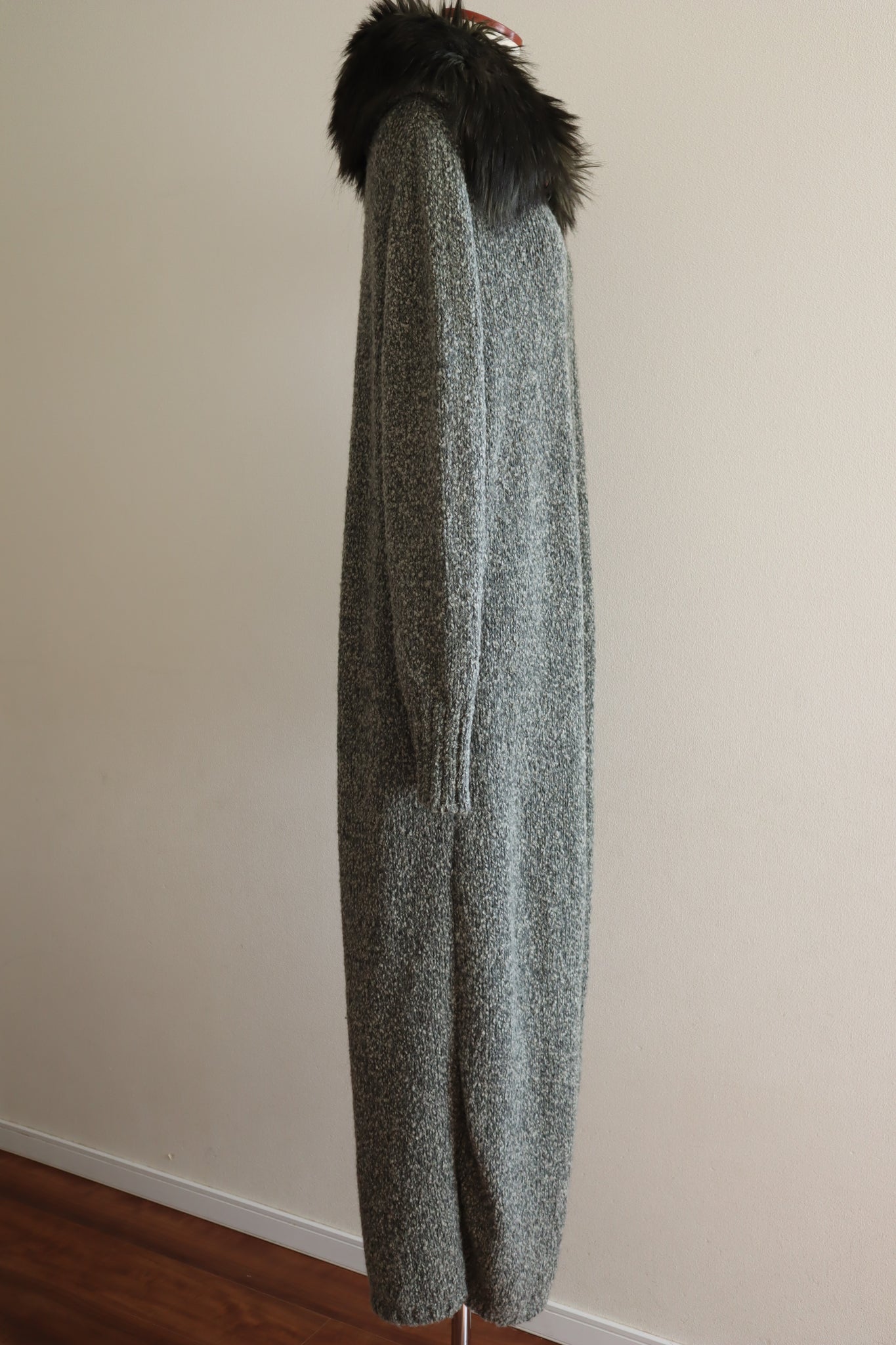 80s Fake Fur Collar Long Wool Knit Coat