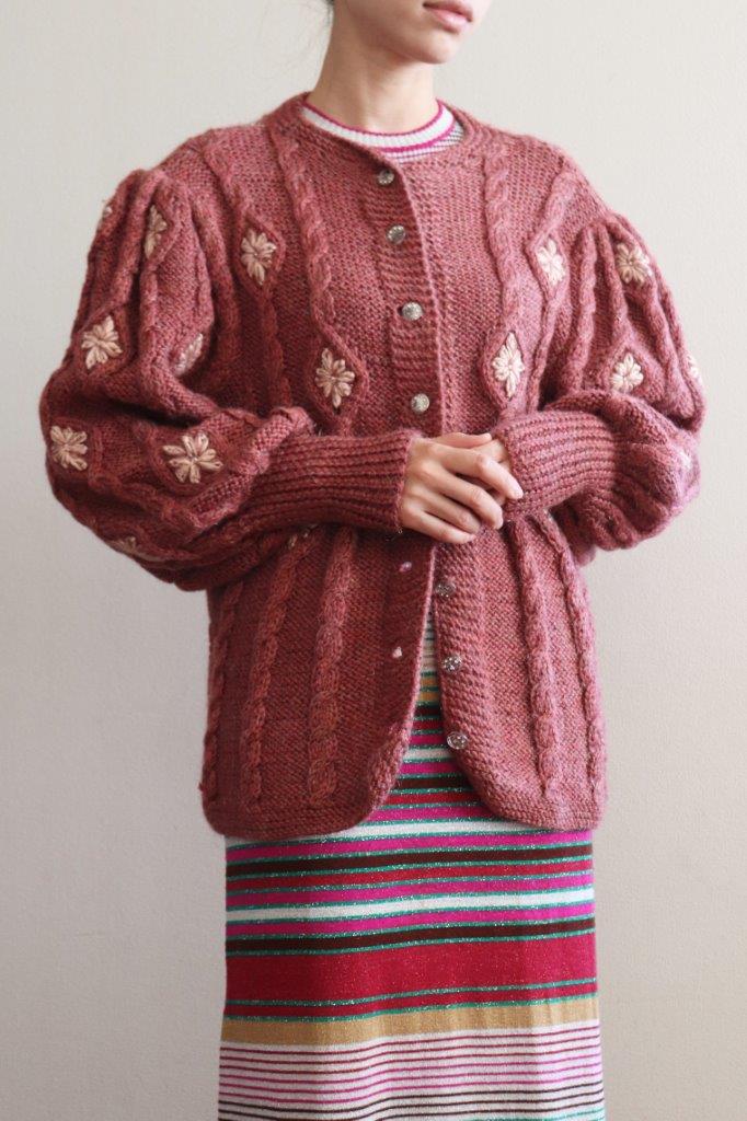 Austrian Hand Knit Cardigan Embroidered Flowers Dull Pink