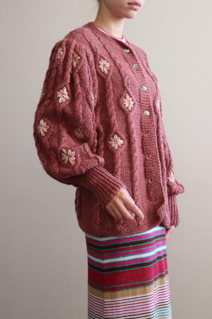 Austrian Hand Knit Cardigan Embroidered Flowers Dull Pink