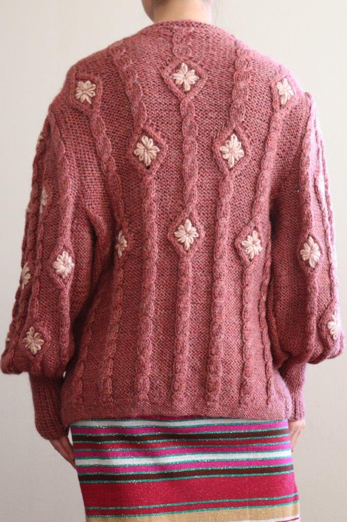 Austrian Hand Knit Cardigan Embroidered Flowers Dull Pink