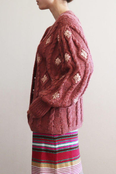 Austrian Hand Knit Cardigan Embroidered Flowers Dull Pink