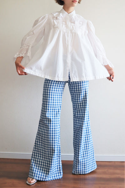 70s Gingham Plaid Cotton Bell Bottom Pants