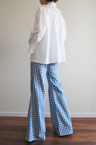 70s Gingham Plaid Cotton Bell Bottom Pants