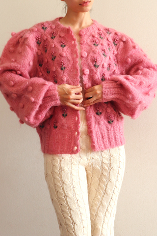 80s Hand Knit Pink Mohair Cardigan