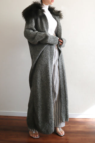 80s Fake Fur Collar Long Wool Knit Coat