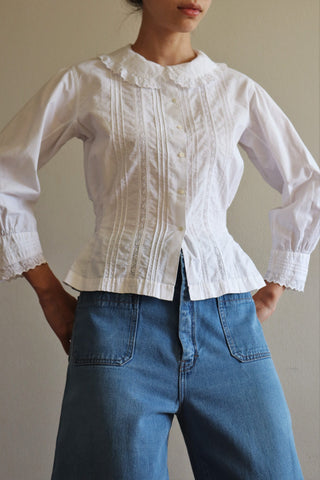 1910s Antique French Frill Collar Waist Shape Cotton Blouse