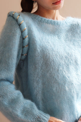 80s Sequin Embroidery Hand-Knitted Mohair Sweater Light Blue