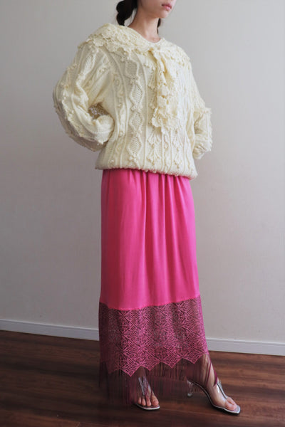 80s Pink Maxi Fringe Embroidery Lace Skirt
