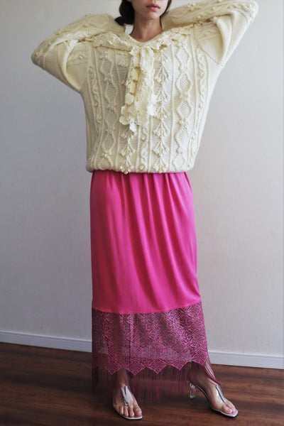 80s Pink Maxi Fringe Embroidery Lace Skirt