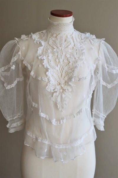 Edwardian High Neck Battenberg Lace Tulle Blouse