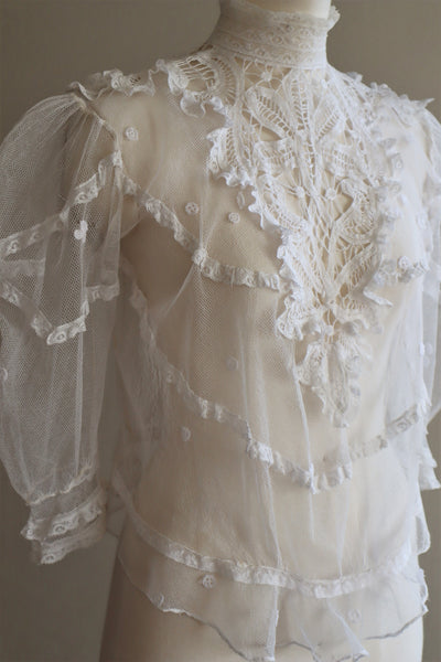 Edwardian High Neck Battenberg Lace Tulle Blouse