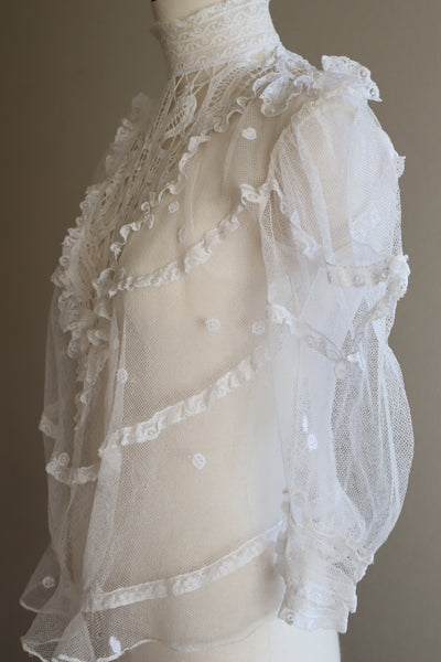 Edwardian High Neck Battenberg Lace Tulle Blouse