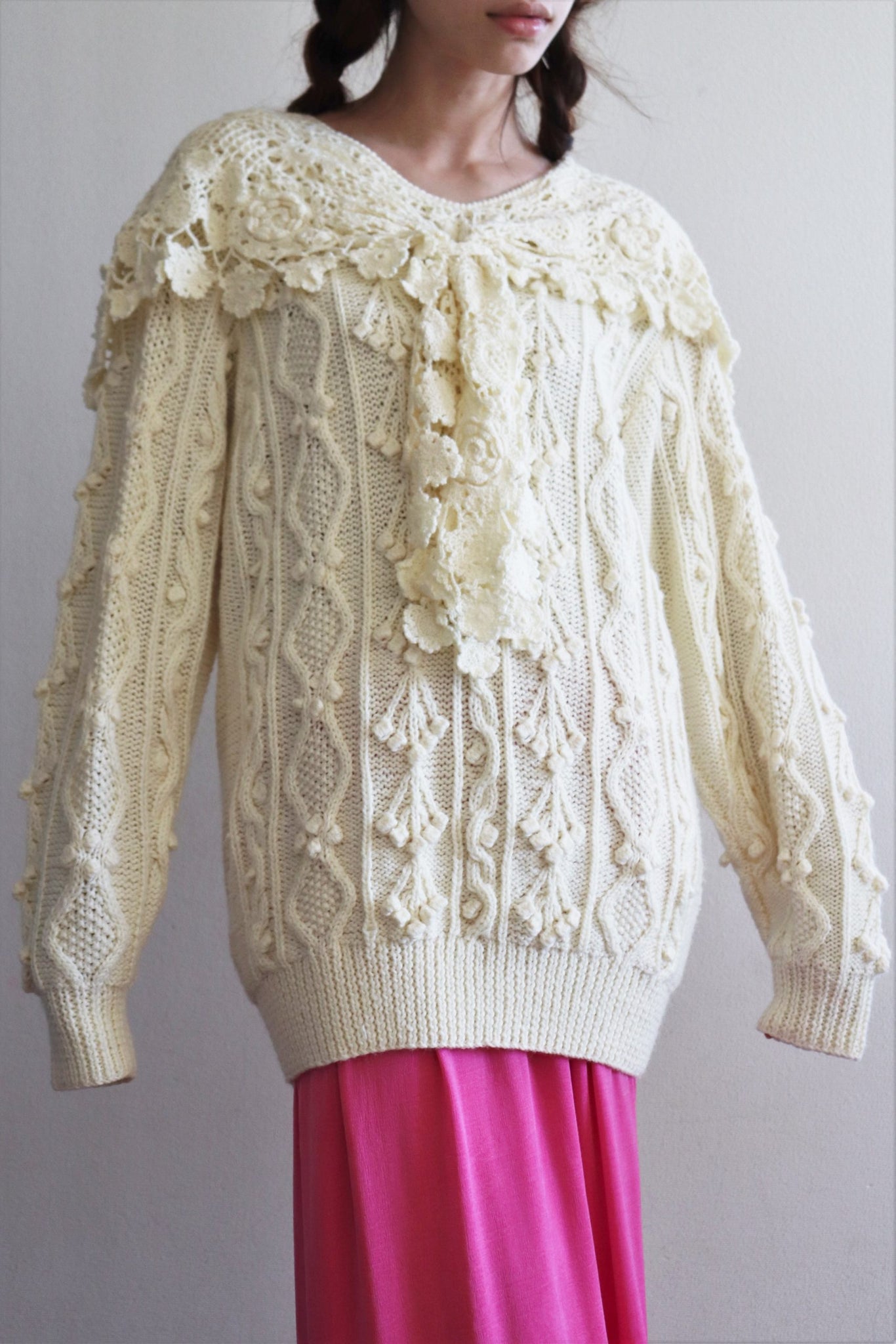 80s Large Crochet Collar Sweater Cream