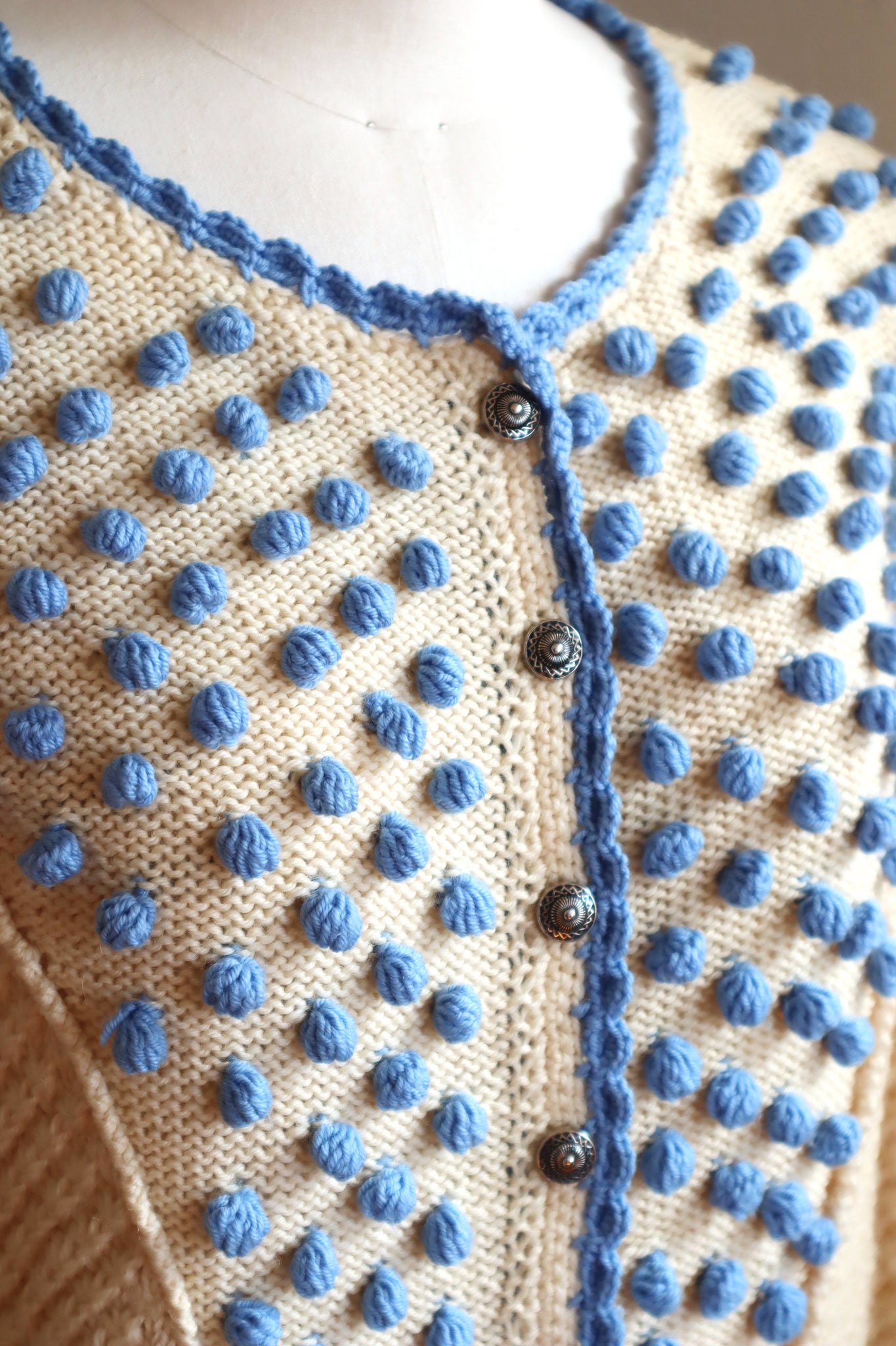 80s Hand Knit Light Blue Embroidered Austrian Cardigan