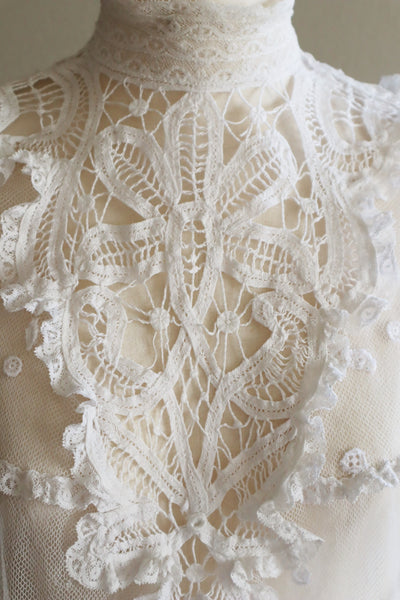 Edwardian High Neck Battenberg Lace Tulle Blouse