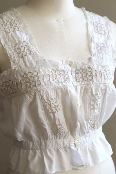 1900s Hand Embroidered Cut Work Lace Corset Cover