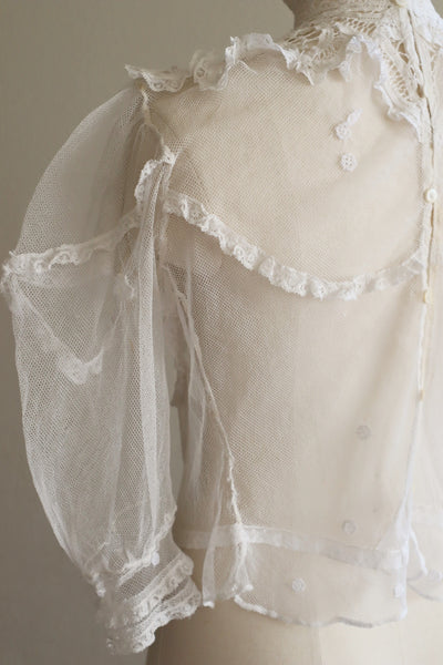 Edwardian High Neck Battenberg Lace Tulle Blouse