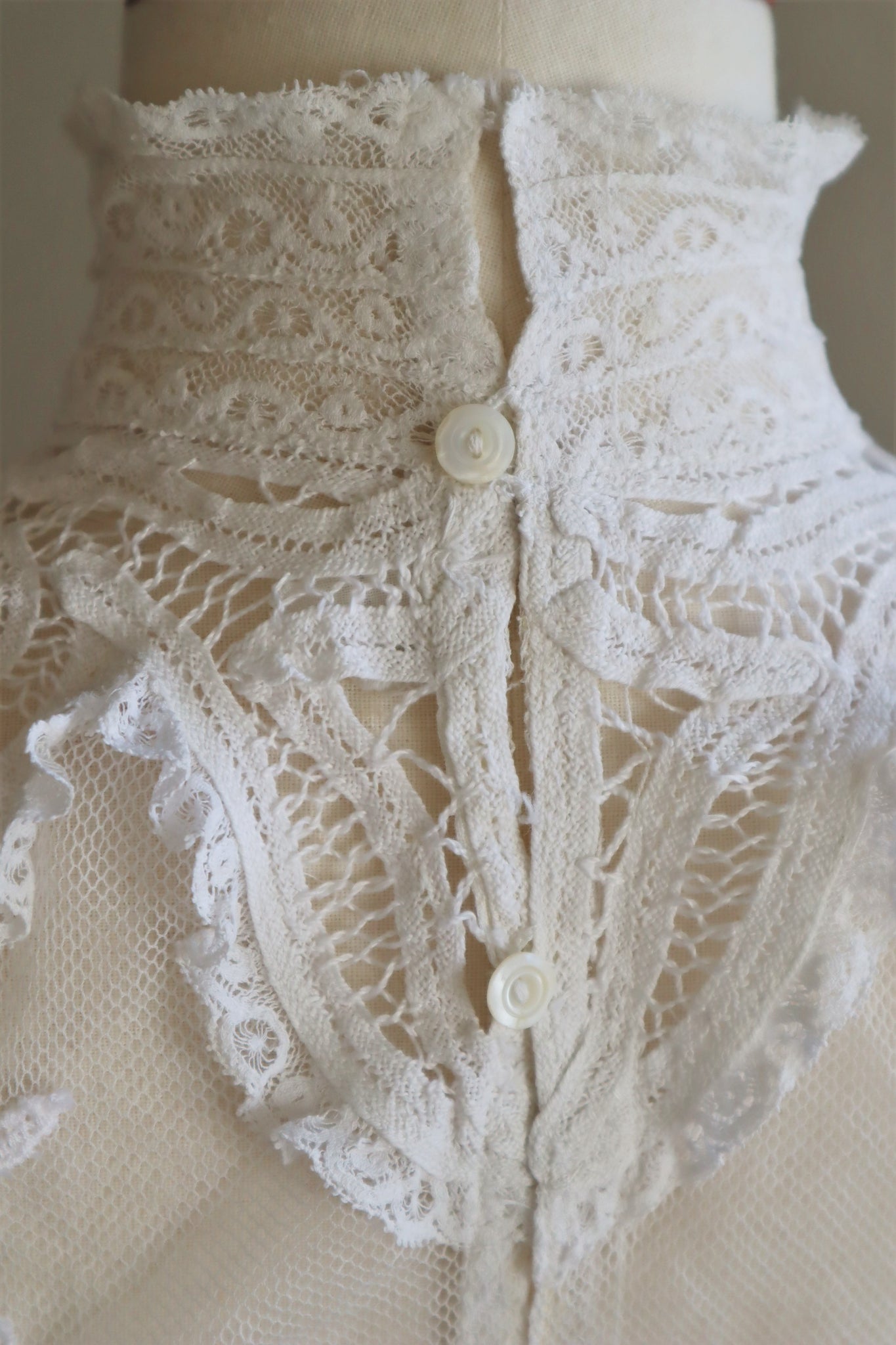 Edwardian High Neck Battenberg Lace Tulle Blouse