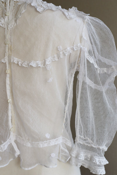 Edwardian High Neck Battenberg Lace Tulle Blouse