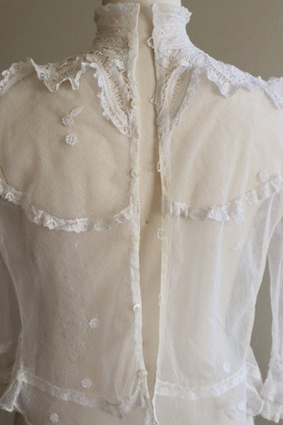 Edwardian High Neck Battenberg Lace Tulle Blouse