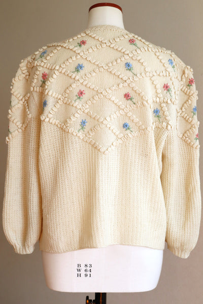 80s Hand Knit Floral Embroidered Beige Cardigan