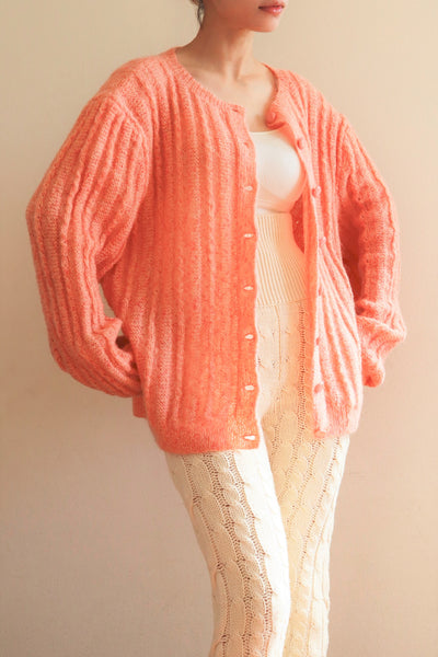 80s Hand Knit Pale Peach Mohair Cardigan