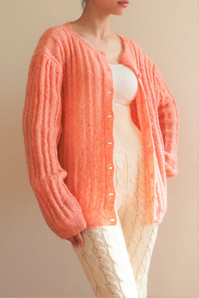 80s Hand Knit Pale Peach Mohair Cardigan