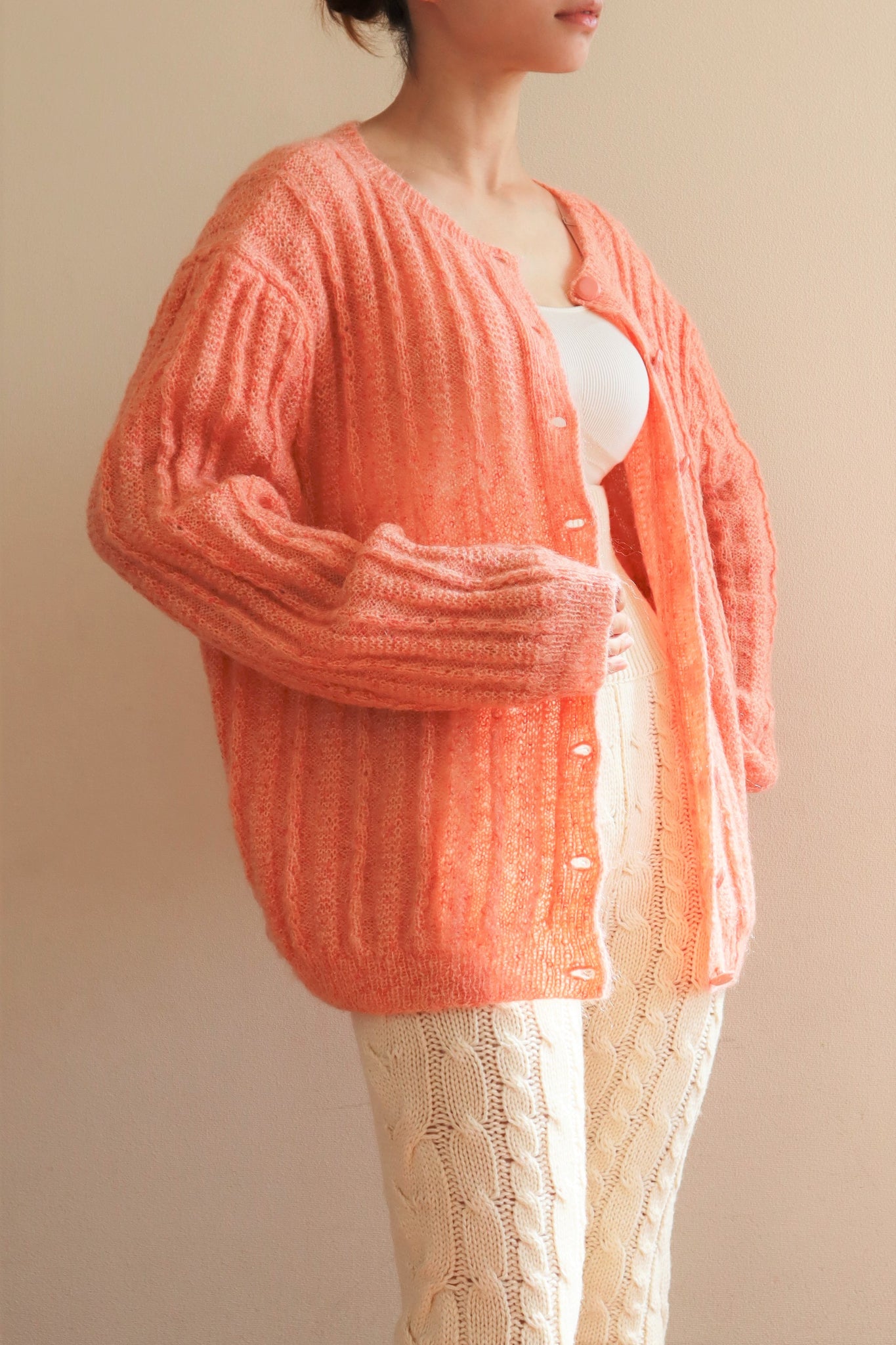 80s Hand Knit Pale Peach Mohair Cardigan