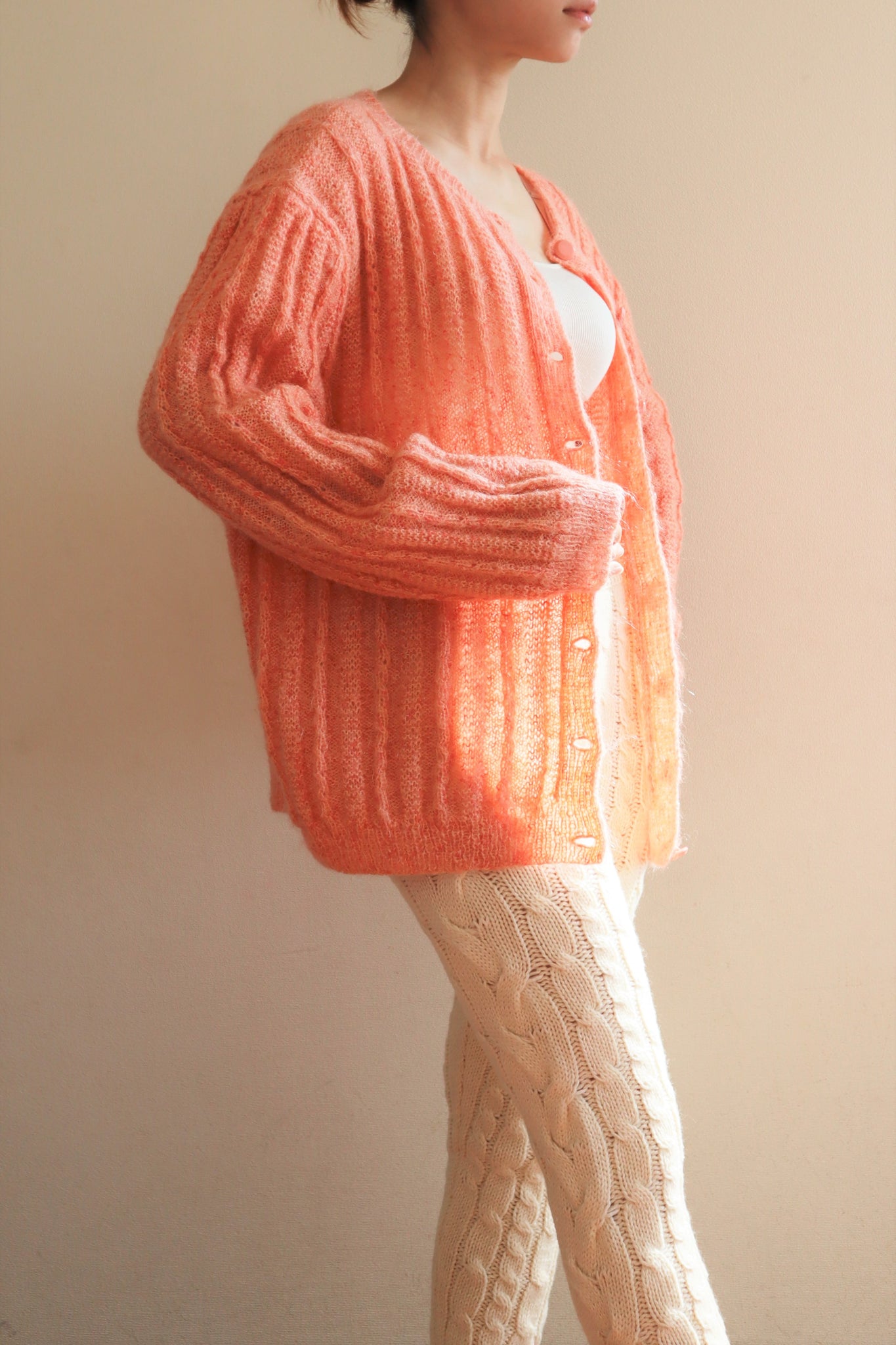 80s Hand Knit Pale Peach Mohair Cardigan