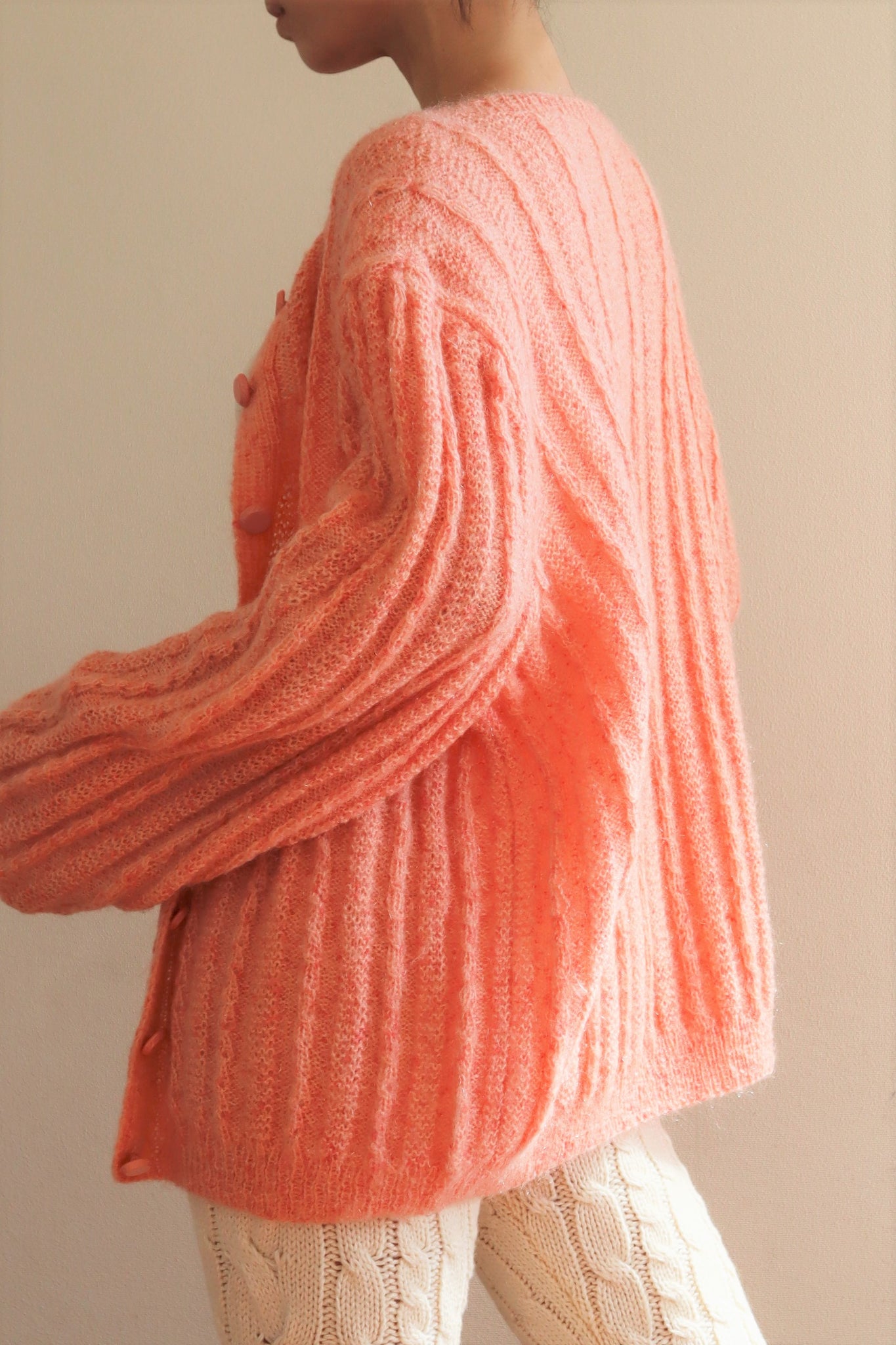 80s Hand Knit Pale Peach Mohair Cardigan