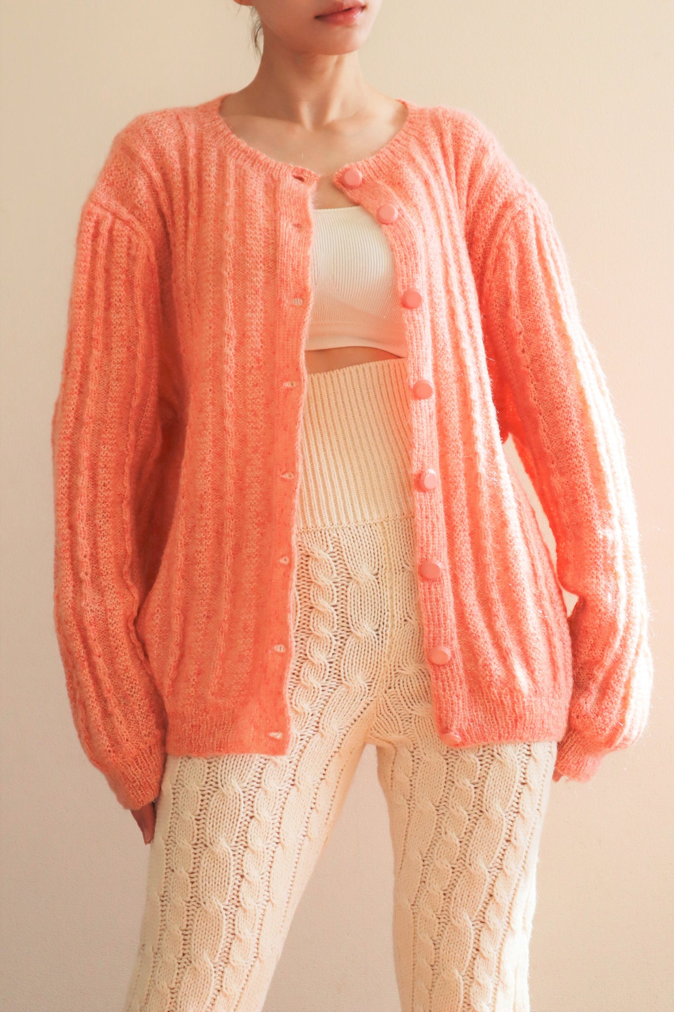 80s Hand Knit Pale Peach Mohair Cardigan