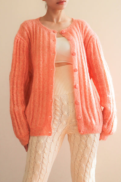 80s Hand Knit Pale Peach Mohair Cardigan