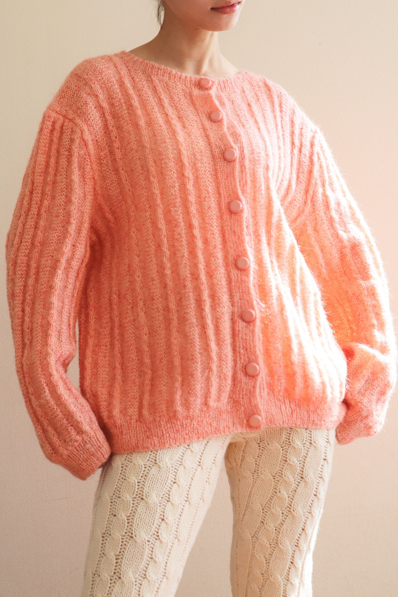 80s Hand Knit Pale Peach Mohair Cardigan