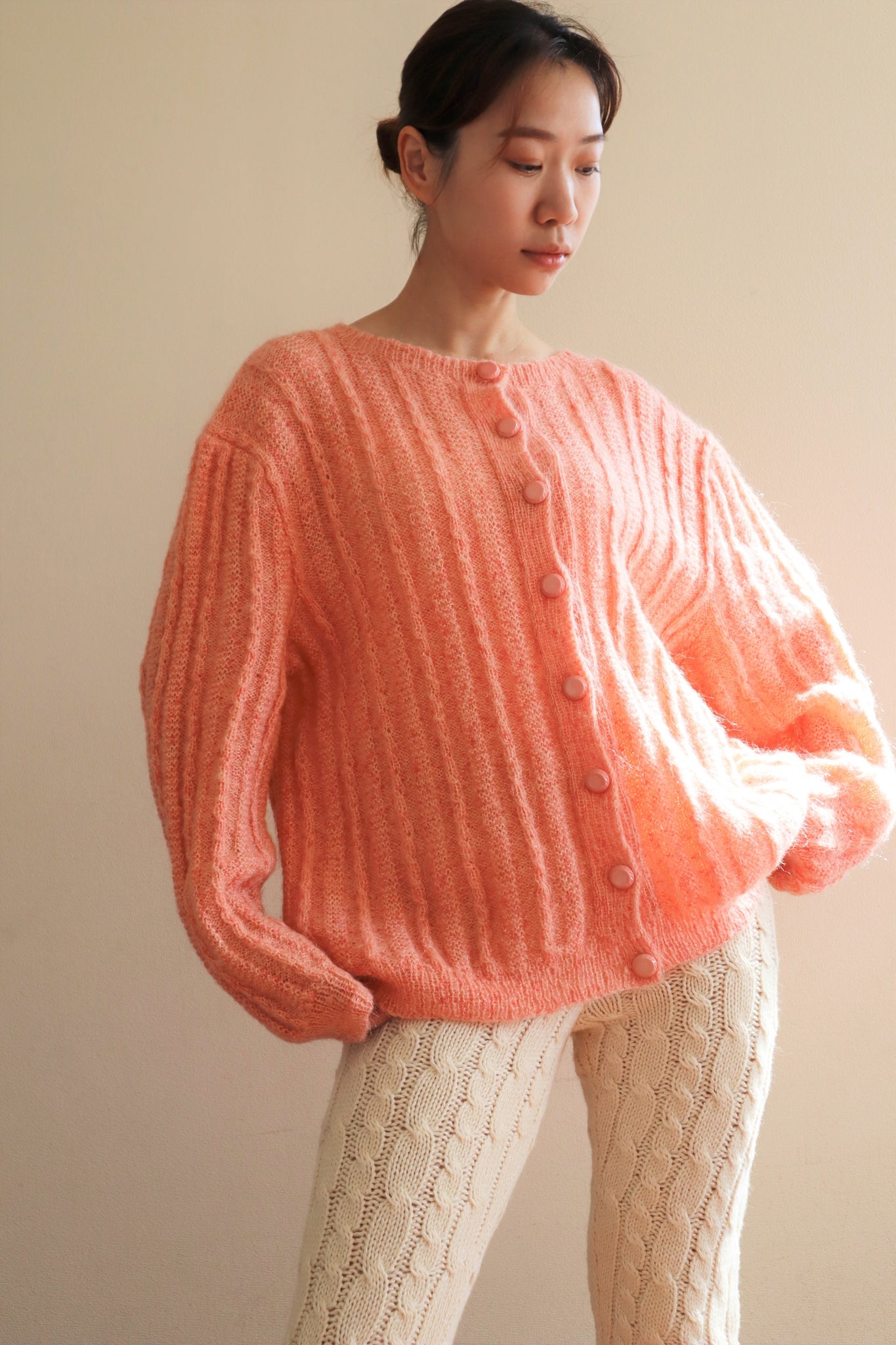 80s Hand Knit Pale Peach Mohair Cardigan