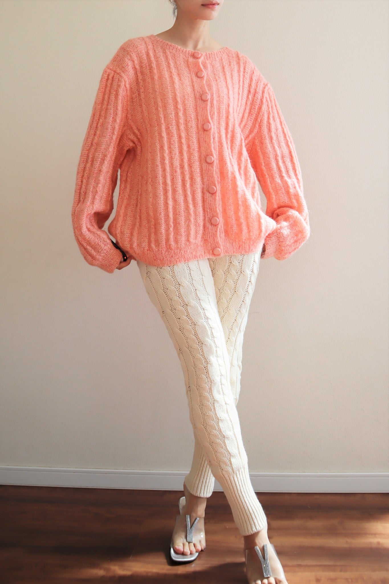 80s Hand Knit Pale Peach Mohair Cardigan