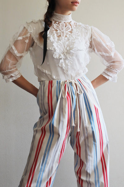 Edwardian High Neck Battenberg Lace Tulle Blouse