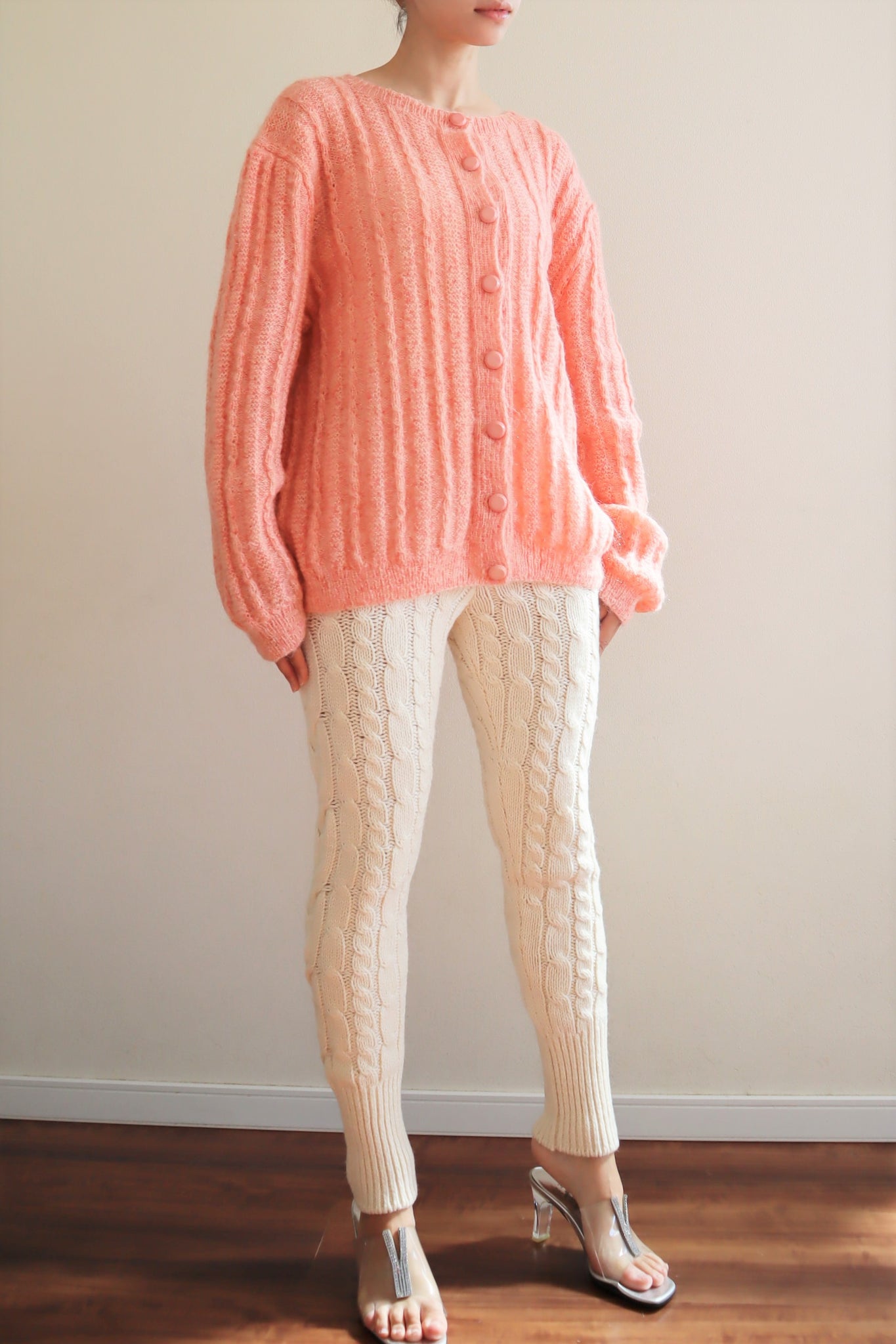 80s Hand Knit Pale Peach Mohair Cardigan