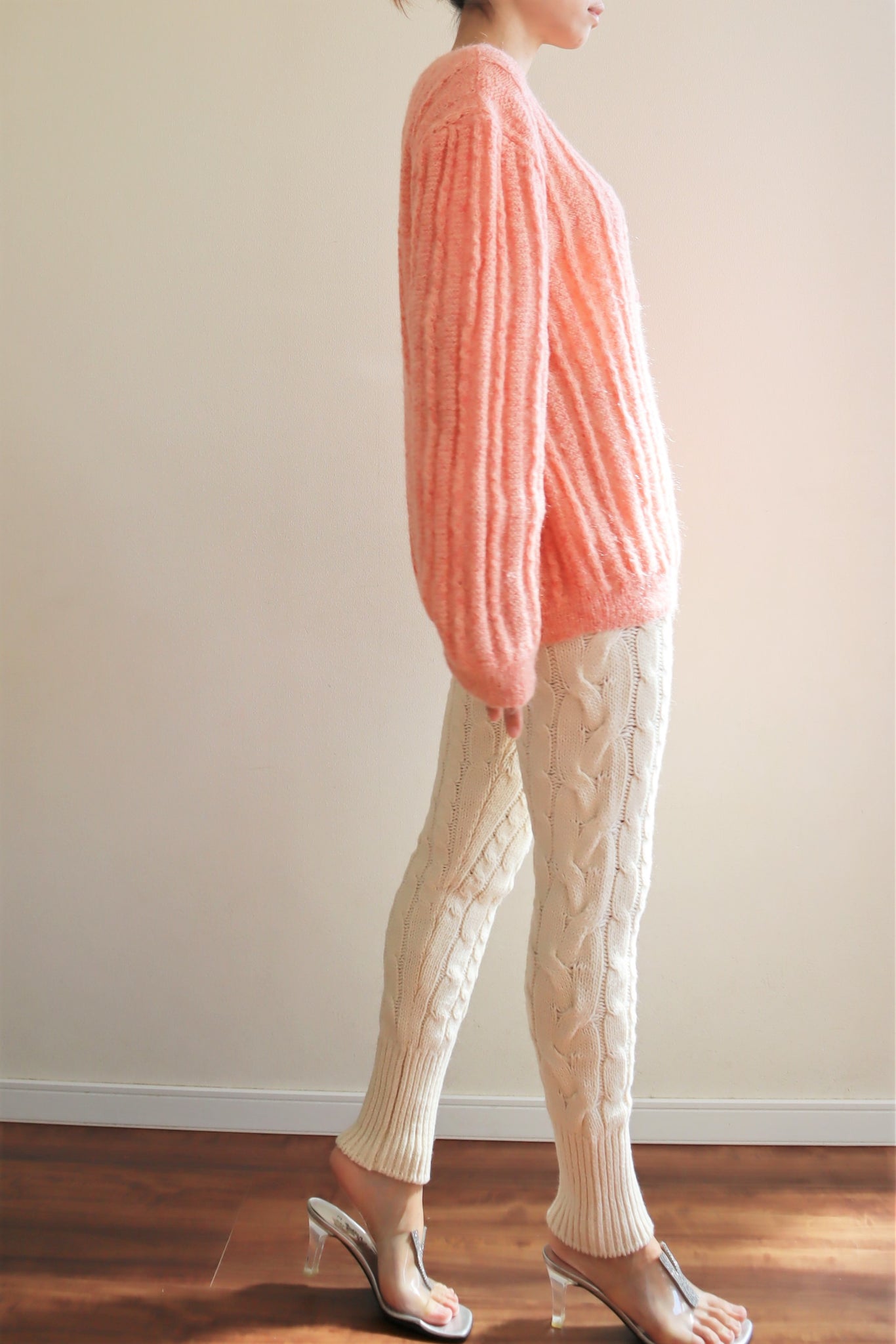 80s Hand Knit Pale Peach Mohair Cardigan