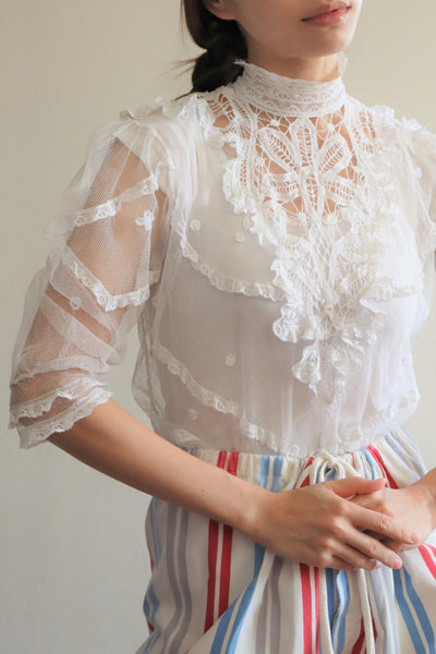 Edwardian High Neck Battenberg Lace Tulle Blouse