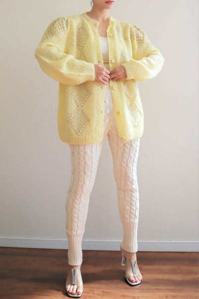 80s Hand Knit Pale Lemon Yellow Mohair Cardigan